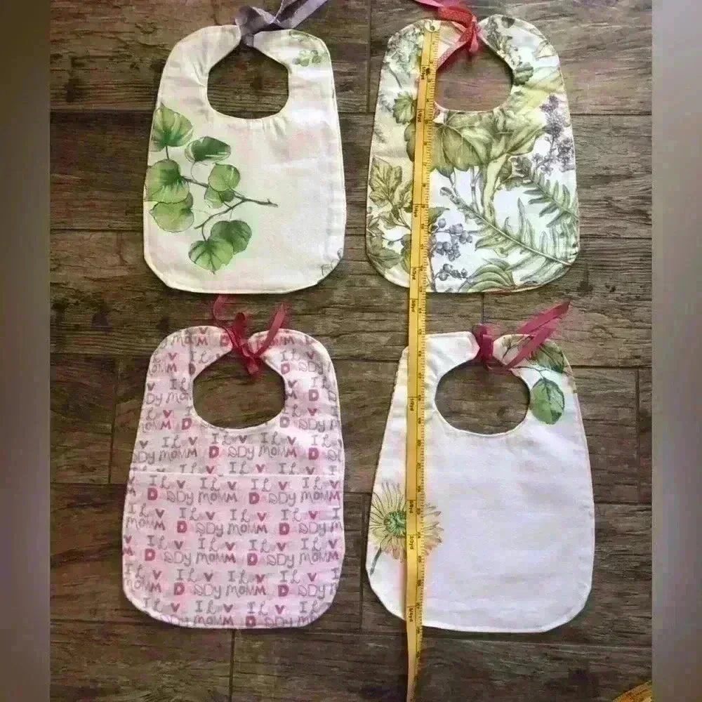 LOT OF 4 BABY GIRL PINK HANDMADE VTG FABRIC BIBS